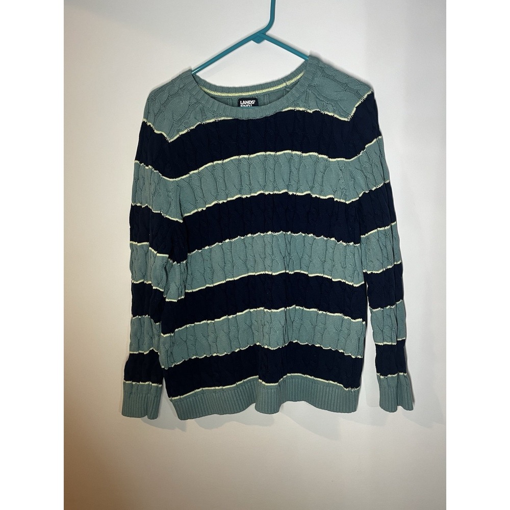 Lands End Sweater Women's Large Navy Drifter Cable Knit Stripe Nautical Preppy